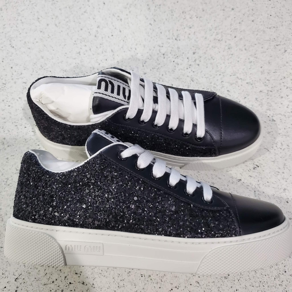 Miu Miu Women's Leather and Glitter Platform Sneakers